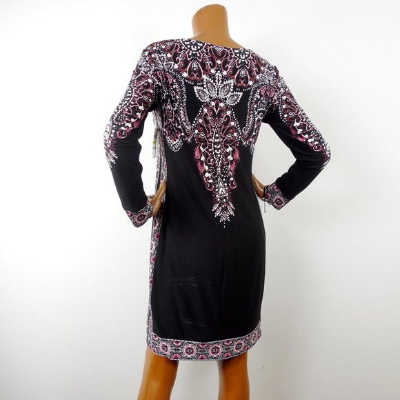 INC Cocktail Dress 8/M NWT $79 Black/Red/Pink Print Stretch Lined Long Sleeves - Picture 10 of 12